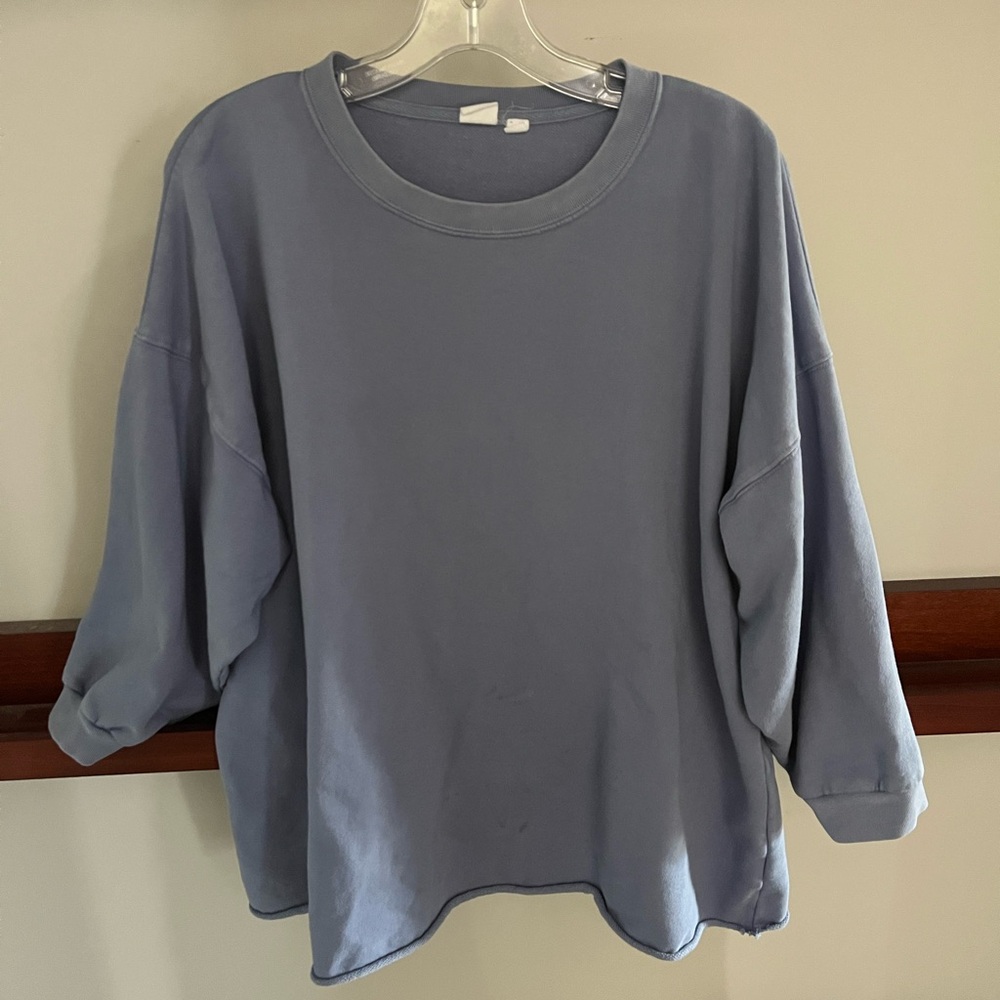 Medium Tall Casual Blue Oversized Sweatshirt terry cotton rolled hem 3/4 sleeves